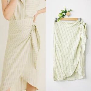 MNG Suit MANGO Linen Blend Ivory Striped Wrap Knee Length Skirt